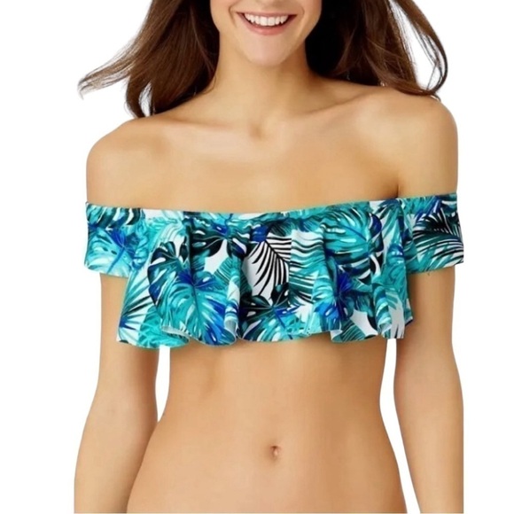 No Boundries Juniors Bikini Top Tropical Ruffle Blue Off-the-Shoulder Size-XS - Picture 1 of 7